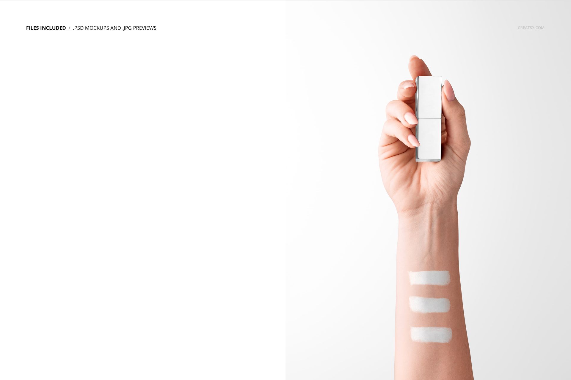Front view of a woman's hand displaying three lipstick swatches on her arm, holding a lipstick tube in a PSD mockup.