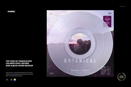 PSD mockup displaying a clear vinyl record on top of an album cover featuring a scenic outdoor image and text.