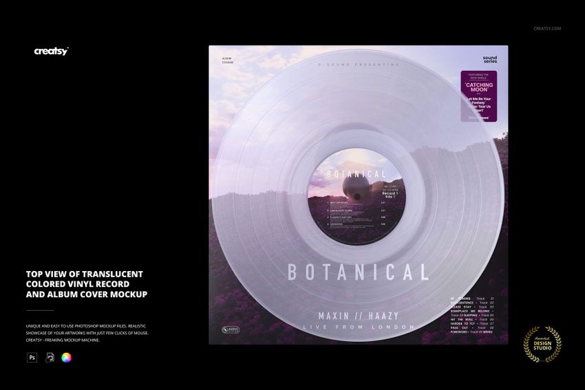 Top View of Translucent Colored Vinyl Record and Album Cover Mockup - mockup screenshot 1
