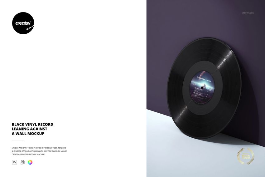 PSD mockup of a black vinyl record positioned vertically against a purple wall, with shadows cast on the surface below.