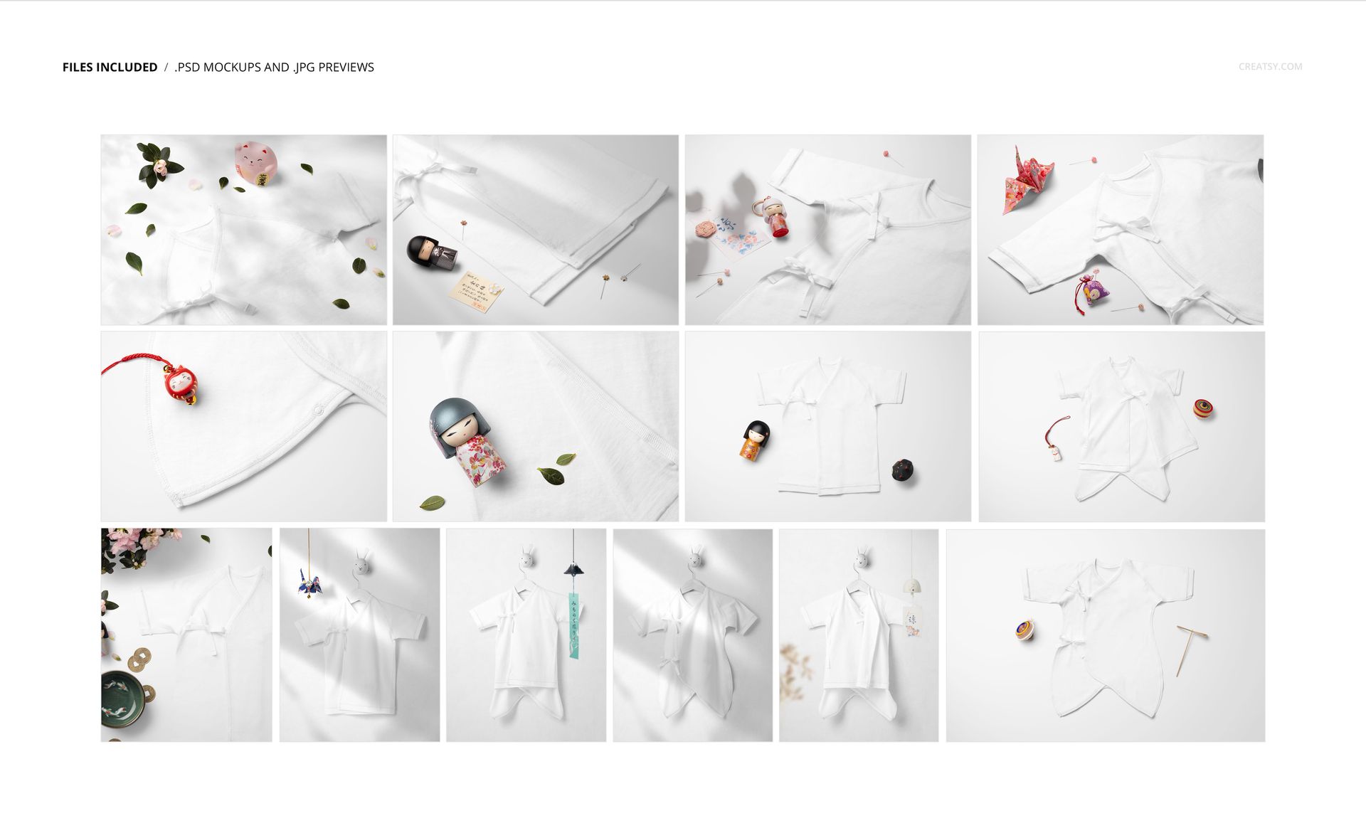 Set of organic cotton baby kimono bodysuit mockups displayed from various angles with decorative props and plants.