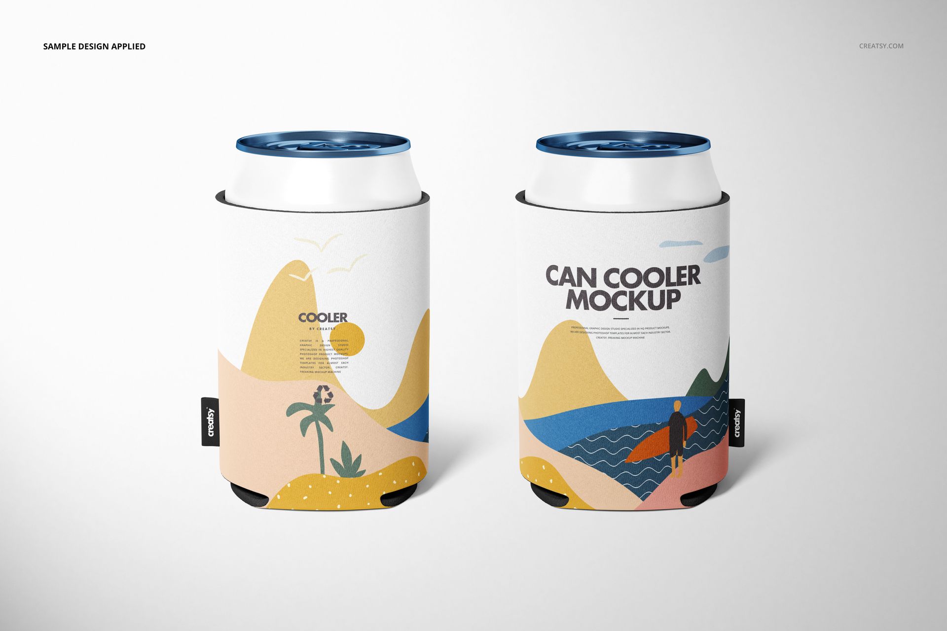 Neoprene can cooler mockup featuring two upright coolers with illustrated patterns and visible beverage cans inside.