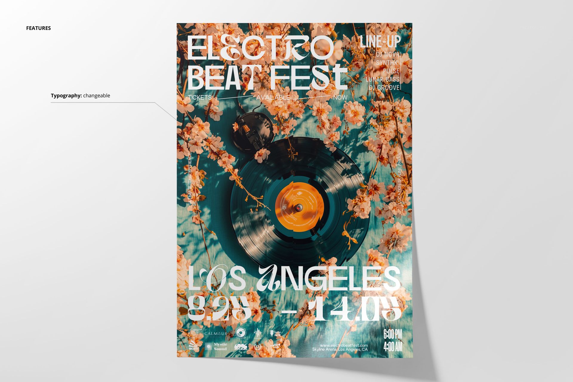 PSD mockup of a poster showing a black vinyl record and blooming orange flowers with festival details in white text.