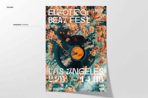 PSD mockup of a poster showing a black vinyl record and blooming orange flowers with festival details in white text.