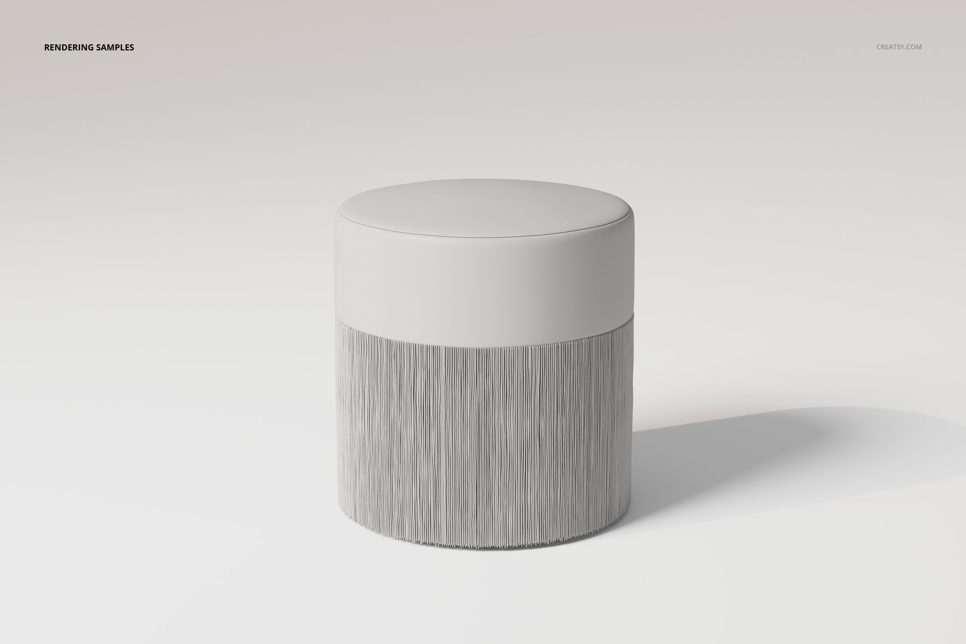 Round upholstered ottoman with a smooth white top and textured fringe base, shown from a front angle on a light background.