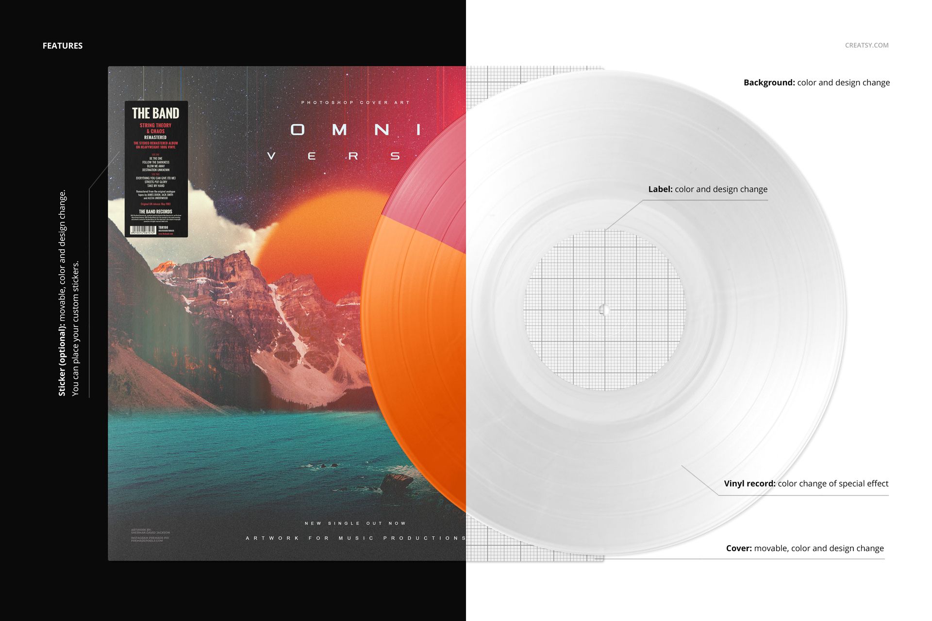Front view of a vinyl record and cover mockup with multi-color segments effect, featuring orange and transparent discs.