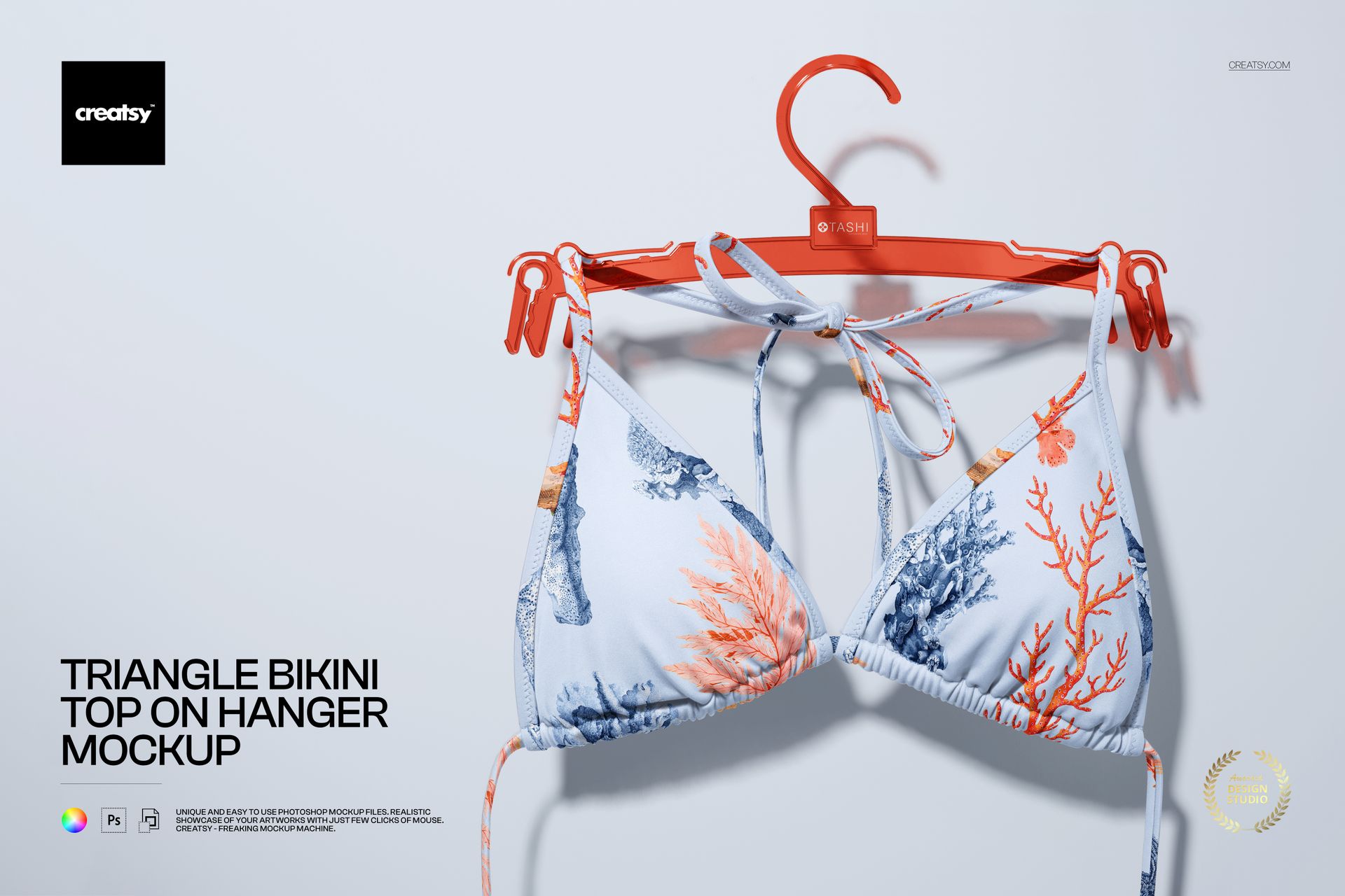 Front view of a triangle bikini top mockup featuring a coral and seaweed design, displayed on a red hanger.