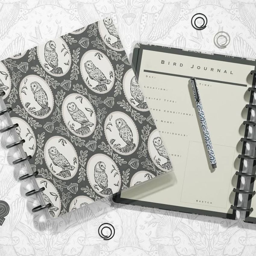 Top view of two spiral planners, one closed with an owl illustration pattern on the cover and one open to a bird journal page with a pen on top.