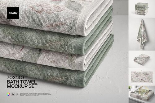 PSD mockup set featuring folded bath towels in soft green and cream colors, displayed on a textured white background.