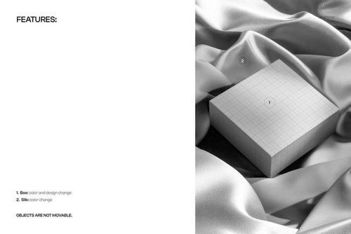 Square packaging box with a grid pattern displayed on draped silk fabric, shown from a top angle in a mockup scene.