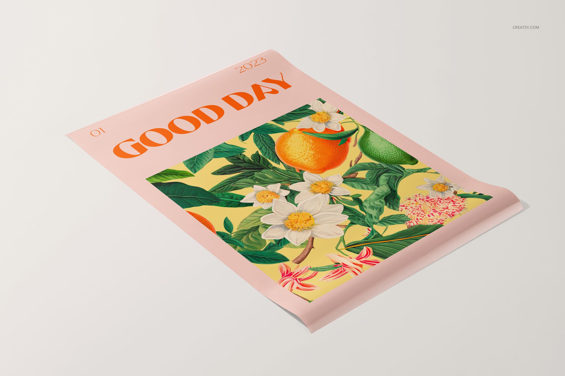 Glossy PVC poster mockup featuring a colorful botanical illustration with oranges and flowers, angled on a white surface.