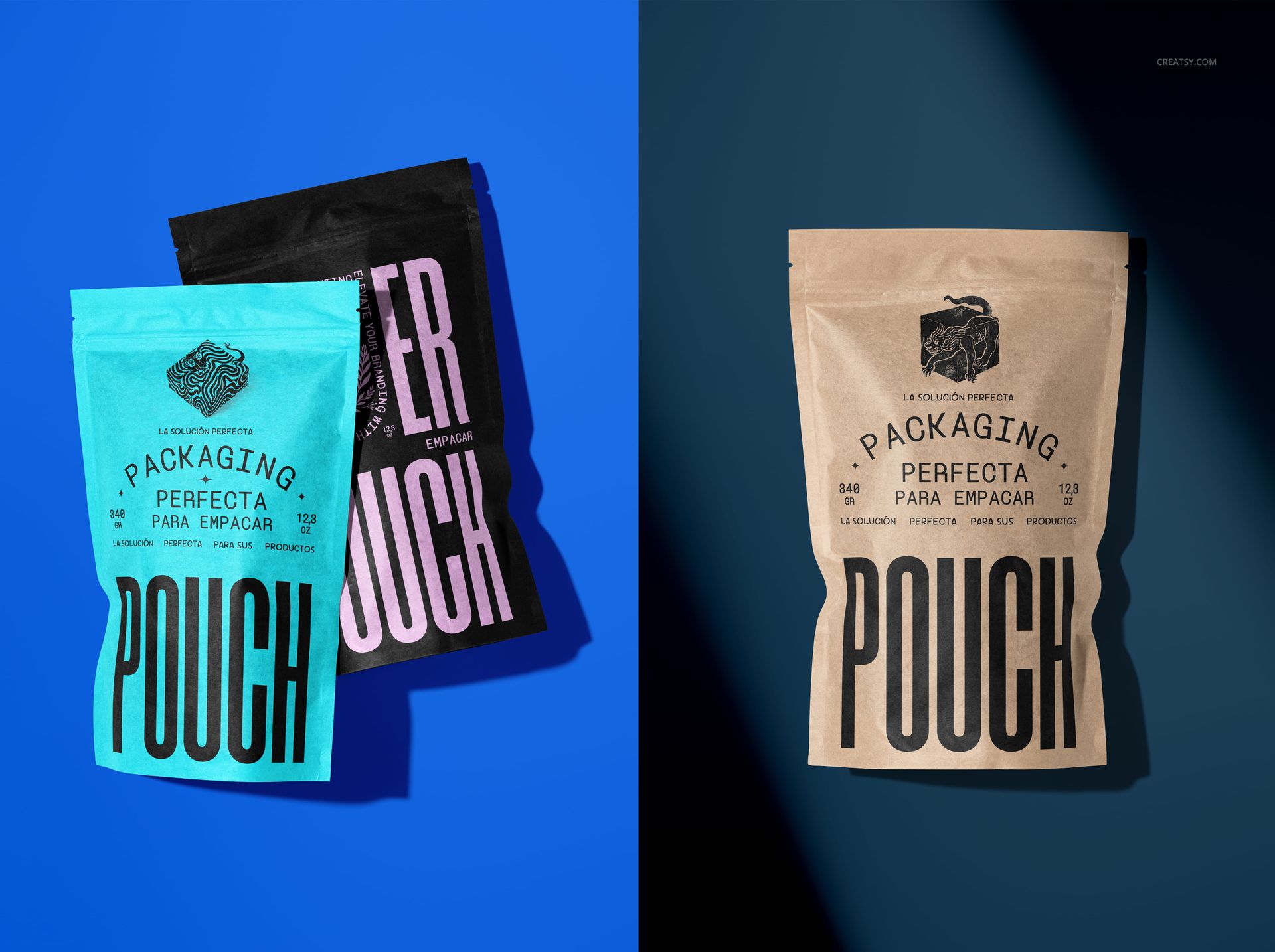Stand up pouch mockup set with black, turquoise, and kraft brown packaging, photographed from a front angle.