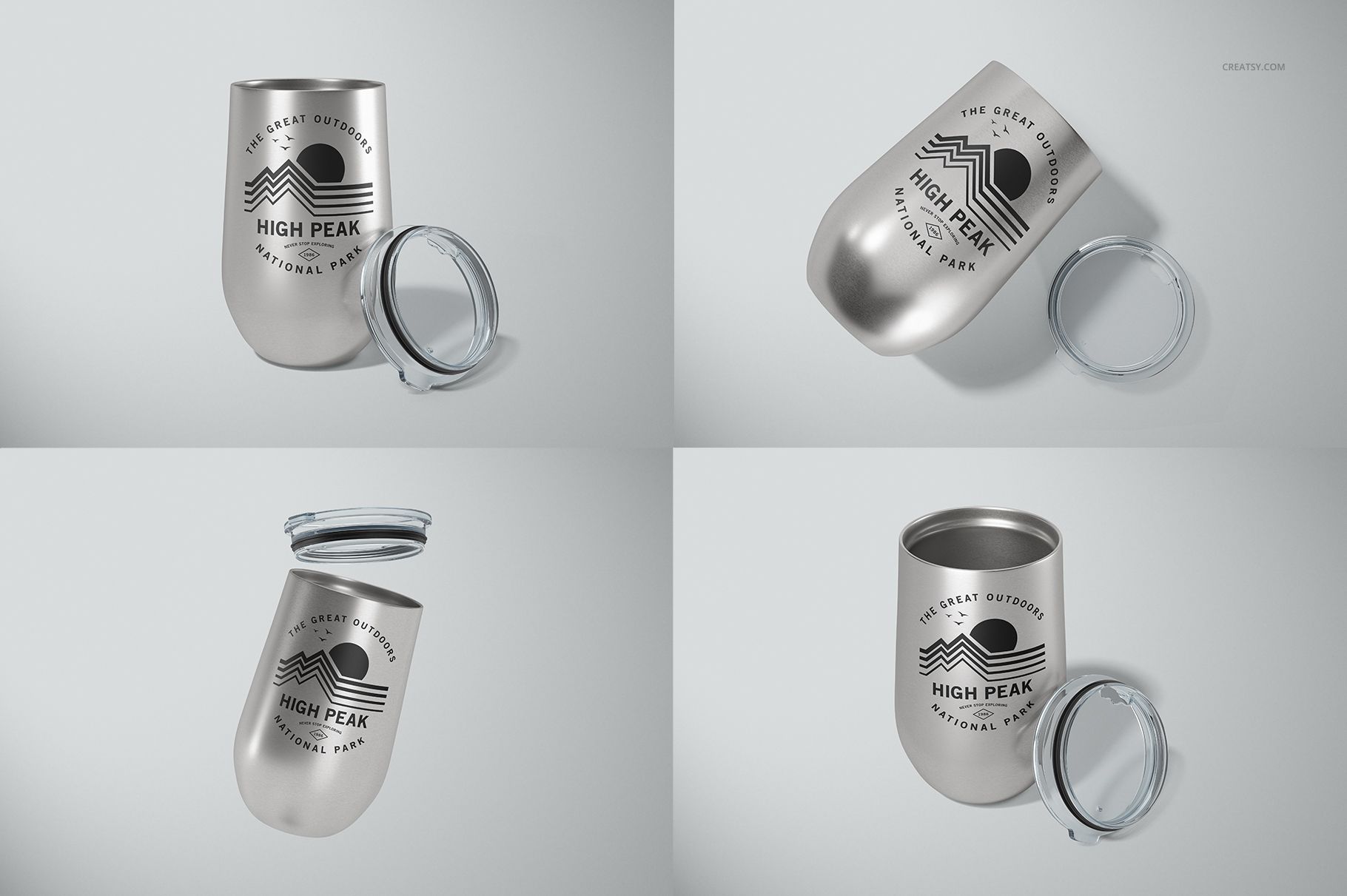 Stemless wine cup with metallic finish and black graphic design, shown from multiple angles with clear lid on white background.