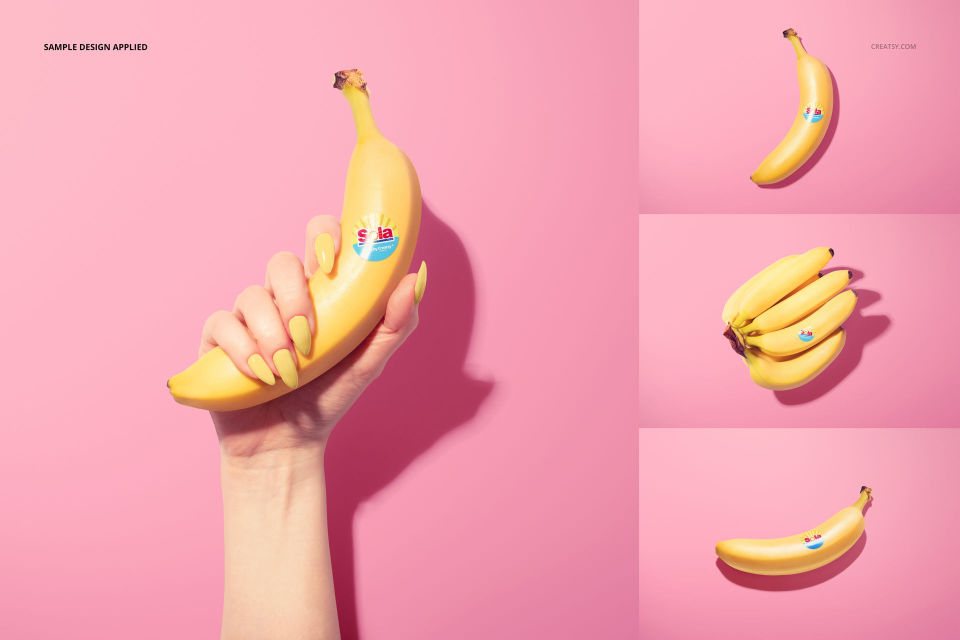 Hand holding a banana with a round fruit sticker on a pink background, accompanied by three banana mockup views.