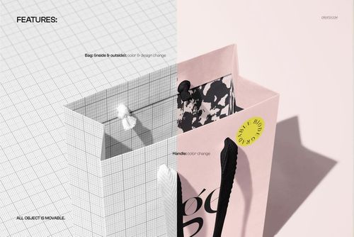 Paper shopping bag PSD mockup displayed from above, featuring customizable handles and patterned inner lining.