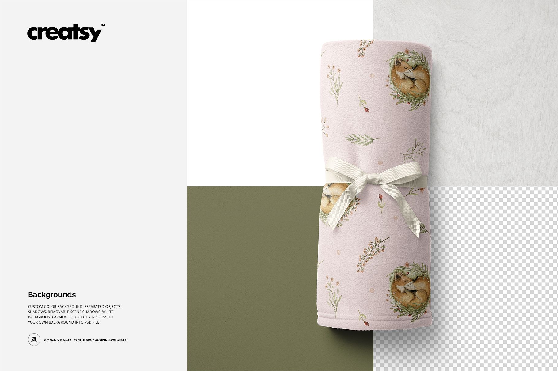 Rolled baby blanket mockup featuring a light pink fabric with subtle animal and floral motifs, shown from a top view.