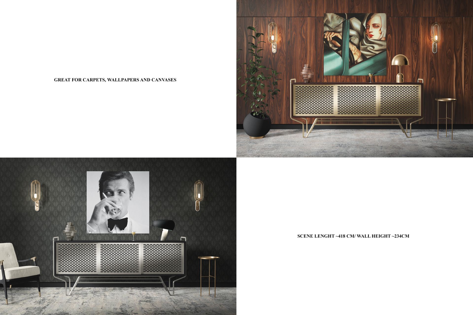 Art Deco sideboard canvas print mockup featuring geometric furniture against wood and patterned wallpaper backgrounds.