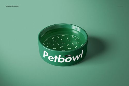 PSD mockup of a green pet bowl with bone shapes inside and Petbowl logo, presented in a simple studio setting.