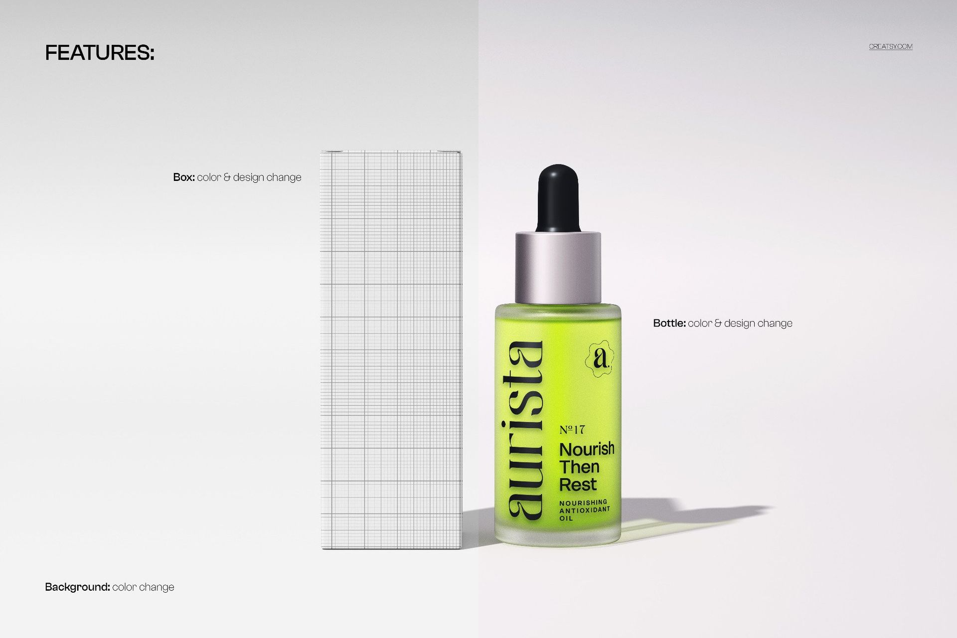 Standing dropper bottle and rectangular carton mockup on a light background, shown from the front with grid pattern on box.