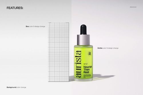 Standing dropper bottle and rectangular carton mockup on a light background, shown from the front with grid pattern on box.