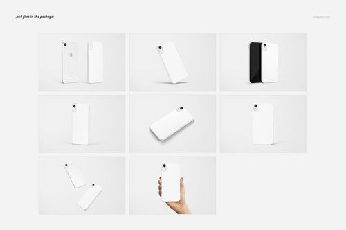 White iPhone XR case mockup set showing multiple angles and perspectives on a light background, including hand-held view.