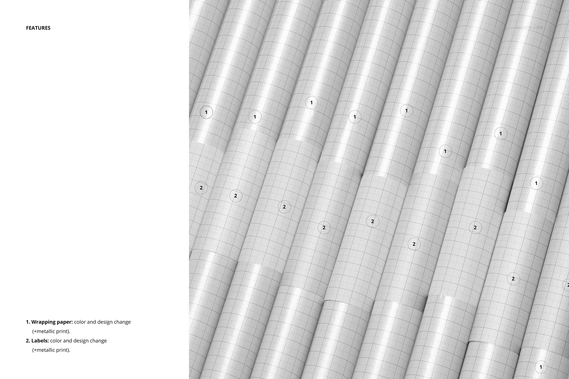 PSD mockup displaying a group of wrapping paper rolls side by side, each marked with a grid pattern and numbers.