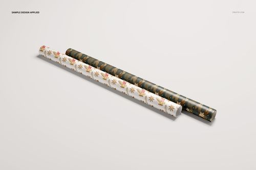 Gift wrapping paper PSD mockup showing two patterned rolls, arranged side by side on a neutral background.