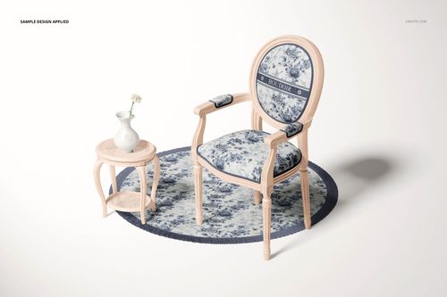 Louis XVI style armchair mockup with patterned fabric, placed on a circular rug with a small vase on a side table.