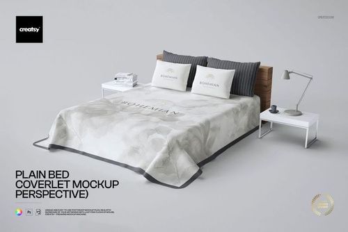 PSD mockup displaying a plain bed coverlet with soft floral motifs on a wooden bed, viewed at an angle in a minimal room.