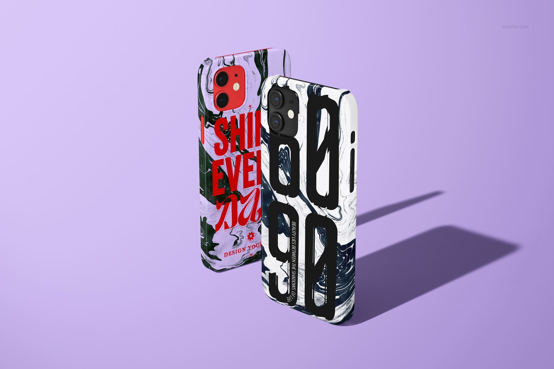 PSD mockup of iPhone 12 snap cases standing upright, each with unique colorful artwork and shadows on a purple background.