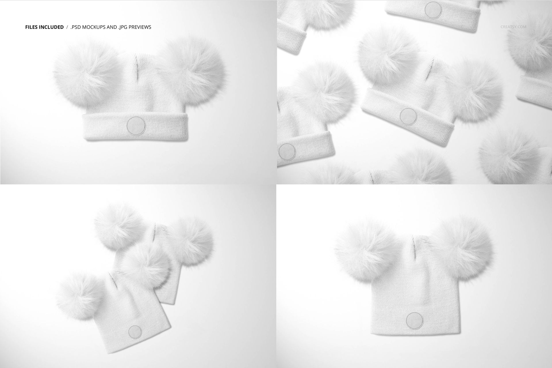 White beanies with large fur pompons displayed from various angles on a plain background in a PSD mockup set.