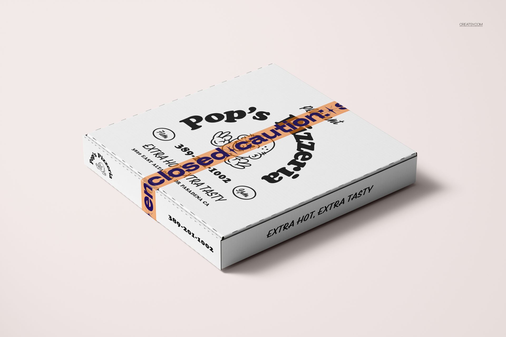 PSD mockup of a white pizza box sealed with semi-transparent narrow duct tape featuring orange and black lettering.