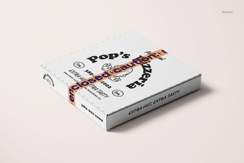 PSD mockup of a white pizza box sealed with semi-transparent narrow duct tape featuring orange and black lettering.