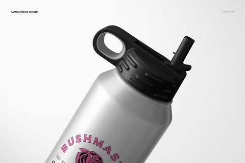 Close-up of a 32 oz. stainless steel water bottle mockup with a black cap and visible pink artwork on the side.