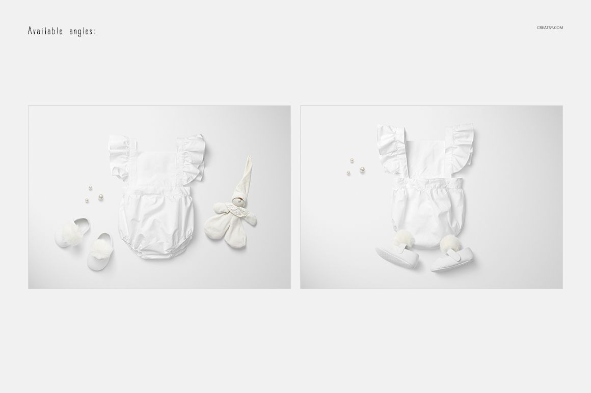 Baby romper mockup set showing a white romper with ruffled sleeves, displayed flat with matching baby shoes and plush toy.