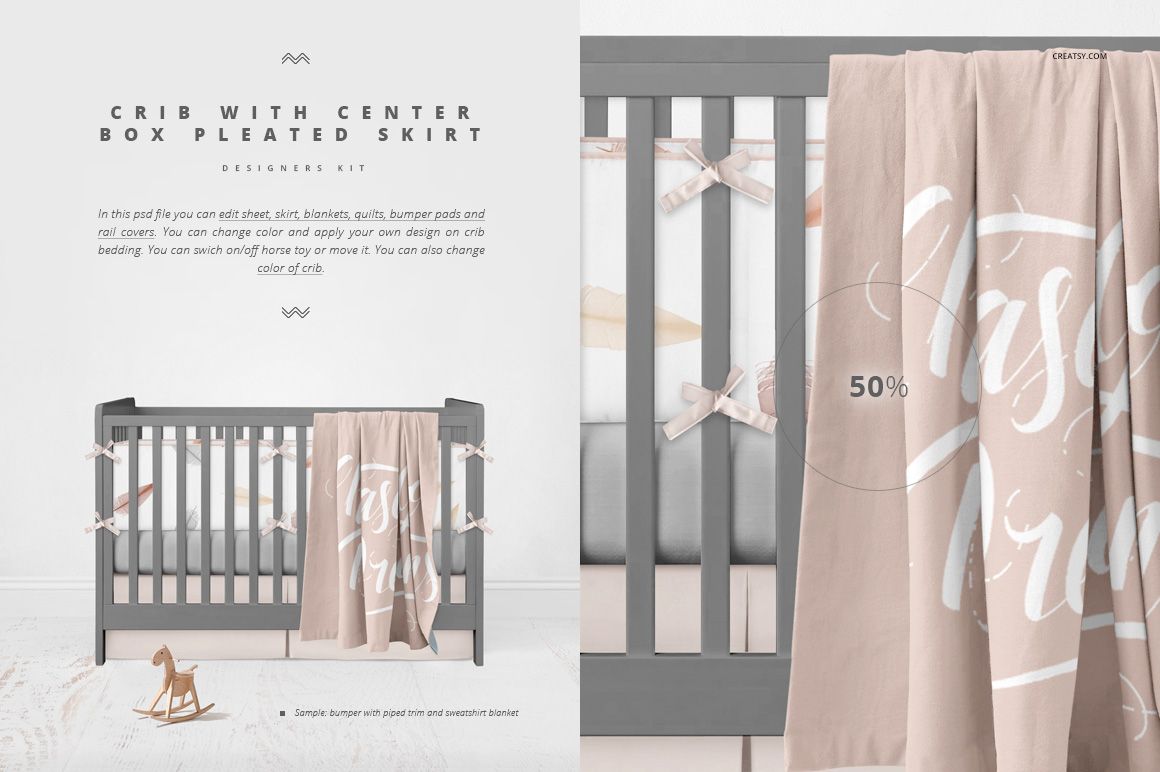 Front view of a crib bedding mockup set featuring a gray crib, soft bedding, and a beige blanket in a baby room.