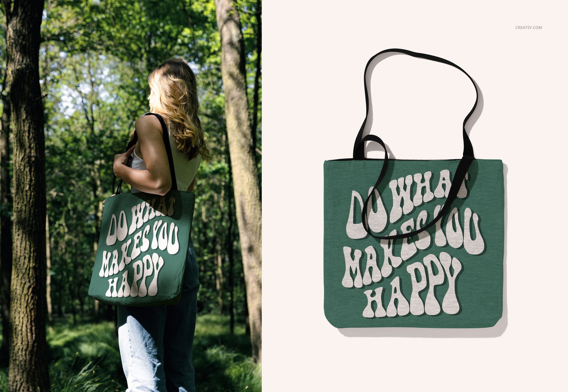 Woven tote bag mockup featuring large white lettering, displayed in a forest scene and on a neutral studio backdrop.