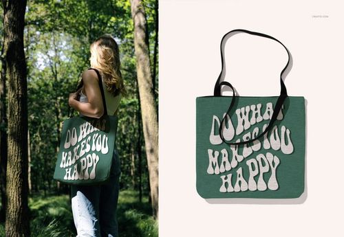 Woven tote bag mockup featuring large white lettering, displayed in a forest scene and on a neutral studio backdrop.