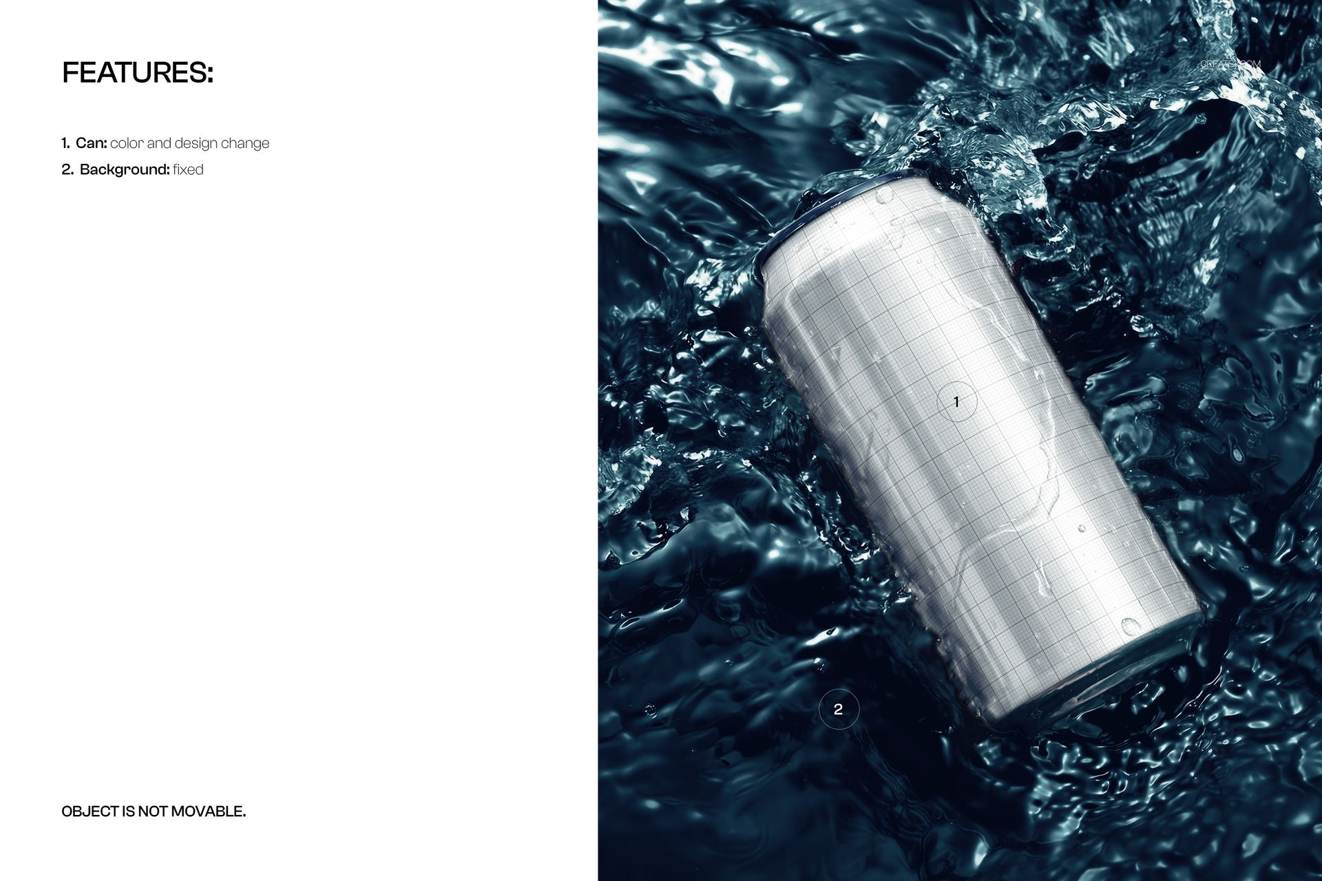 Close-up view of a floating can mockup with grid lines on its surface, surrounded by dark blue swirling water.