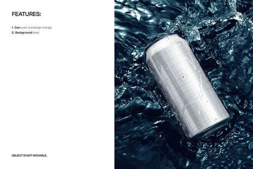 Close-up view of a floating can mockup with grid lines on its surface, surrounded by dark blue swirling water.