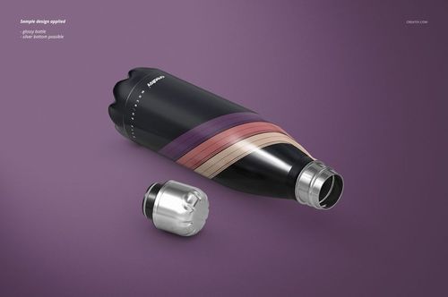 Glossy insulated double wall stainless steel water bottle mockup with screw cap, shown on a purple background, angled view.