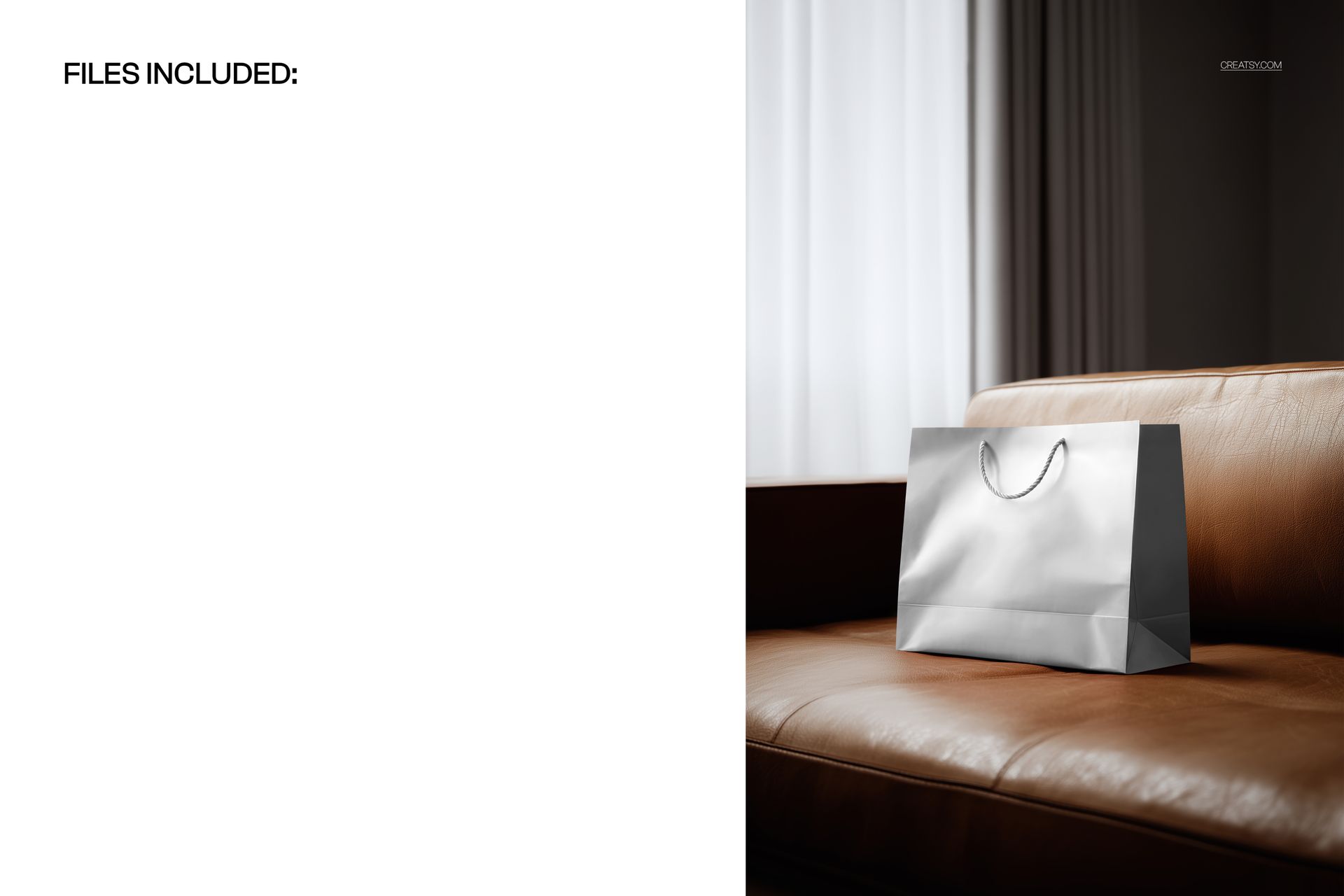 Silver paper bag mockup resting on a tan leather sofa, shown from the side with curtains in the background.