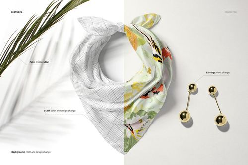 Top view of a wrapped silk scarf mockup with geometric and floral patterns, gold earrings, and a palm leaf.