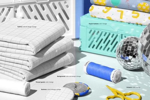 Jersey fabric mockup showing folded grid-patterned cloth, thread spools, scissors, and playful party decorations.