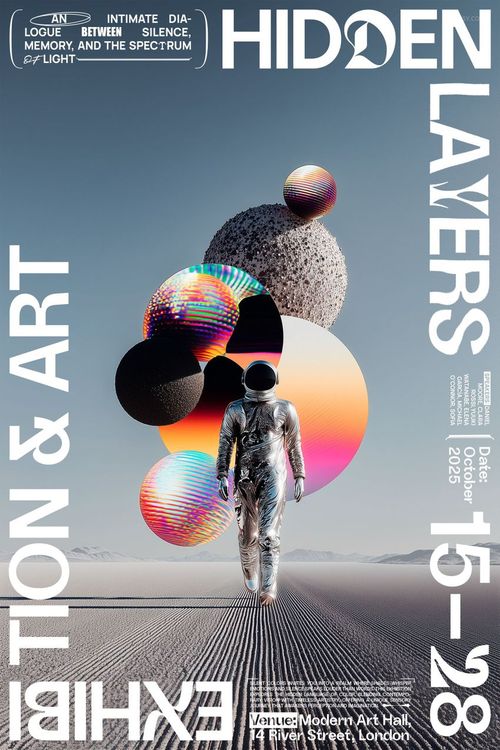 Astral Desert Walk PSD mockup poster showing a futuristic figure and geometric spheres against a sandy landscape.