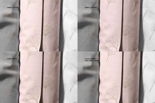Close-up of fabric rolls mockup showing cotton, jersey, and clean versions with delicate leaf designs in neutral colors.