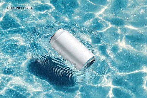 Silver drink can floating on clear blue water with ripples, shown from a top view in a realistic mockup scene.