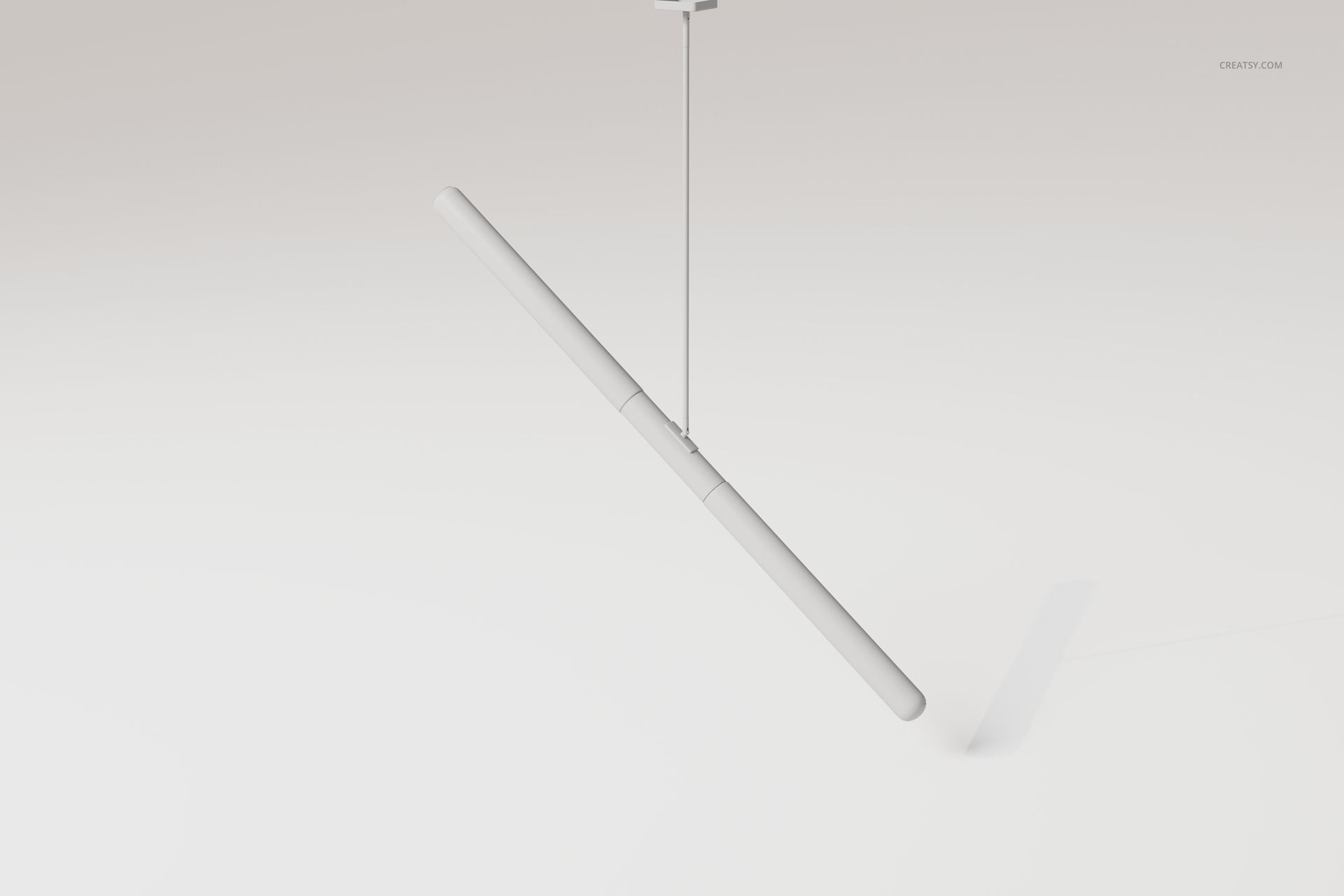 Minimalist industrial tube pendant lamp in matte white finish, suspended from ceiling, angled side view on white background.