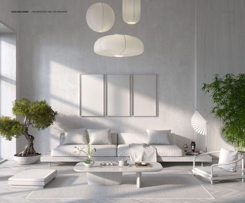 Japandi inspired living room mockup featuring neutral tones, modern furniture, and indoor plants, front perspective.
