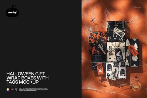 Halloween-themed gift wrap boxes and tags mockup arranged on orange surface with spider decorations.